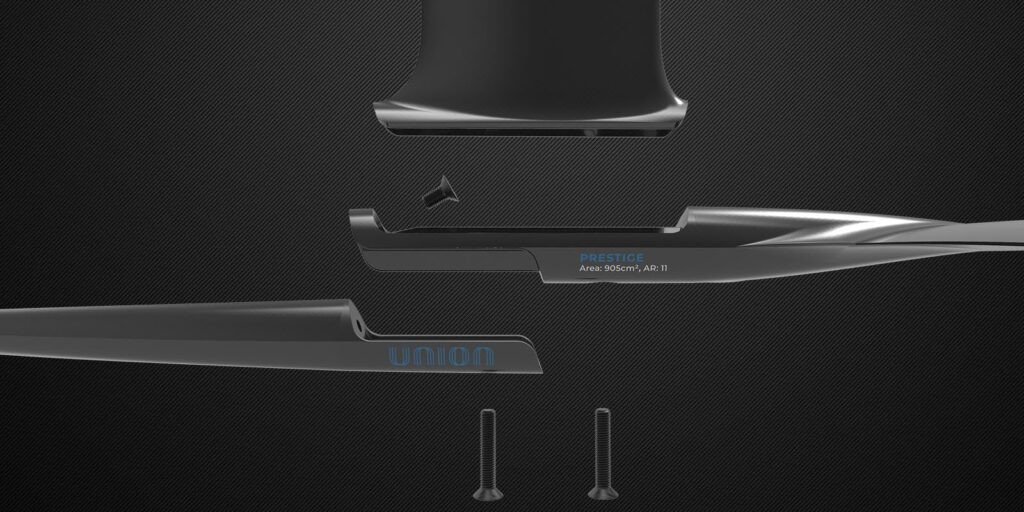 The Cabrinha Prestige Foil front wing and Union System 3 screw connection design lowers assembly time and improves hydro efficiency.