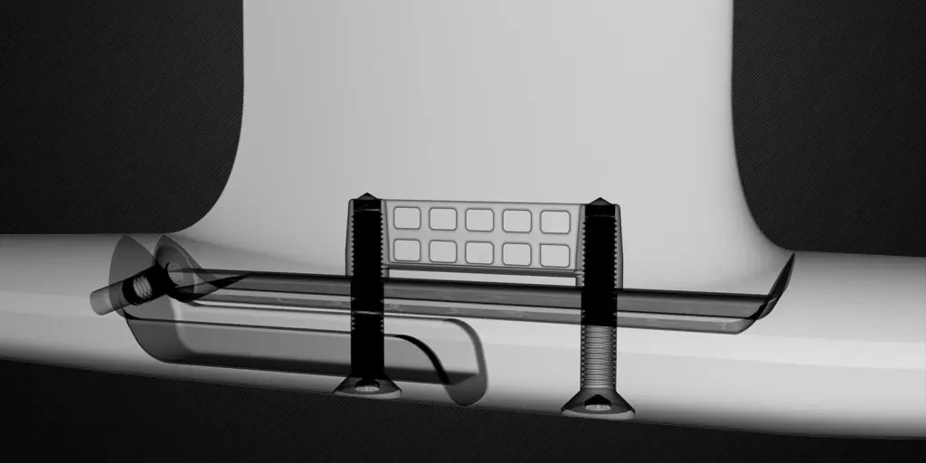 The Cabrinha Prestige Foil front wing and Union System Integrated Inserts Integrated ss316 threaded insert for ultra stiff fuselage connection