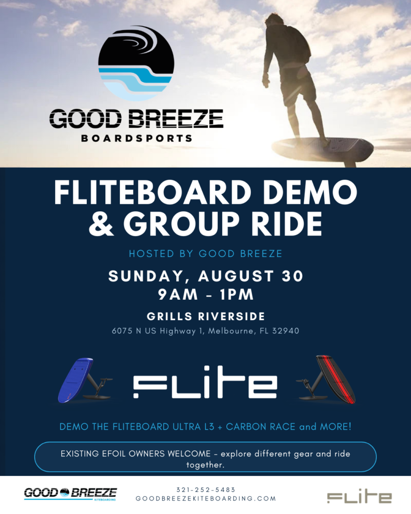 Fliteboard Demo and Group Ride flyer - Sunday August 30, 9AM to 1PM at Grills Riverside, Melbourne FL